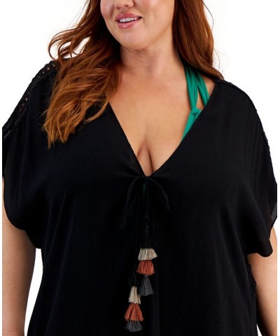 Trendy Plus Size Globe Trotter Tasseled-Tie Tunic Cover-Up Black $50.76 Swimsuits