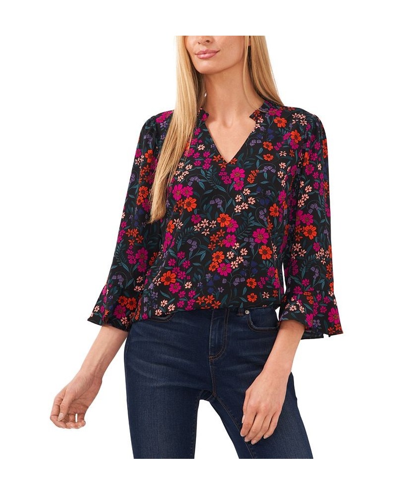 Women's Floral-Print Bell-Sleeve Top Rich Black $28.78 Tops