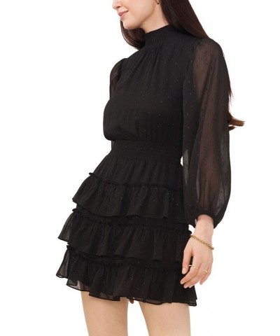 Women's Long Sleeve Smock Neck Ruffle Skirt Dress Rich Black $62.55 Dresses