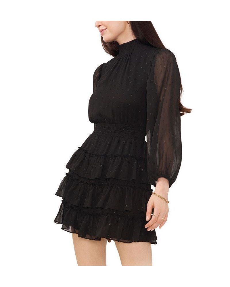 Women's Long Sleeve Smock Neck Ruffle Skirt Dress Rich Black $62.55 Dresses