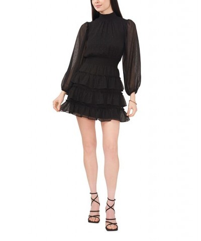 Women's Long Sleeve Smock Neck Ruffle Skirt Dress Rich Black $62.55 Dresses