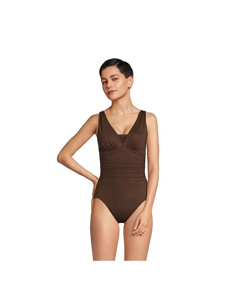 Women's Long SlenderSuit Grecian Tummy Control One Piece Swimsuit Brown $72.83 Swimsuits