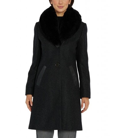 Women's Single-Breasted Faux-Fur-Collar Coat Black $117.80 Coats
