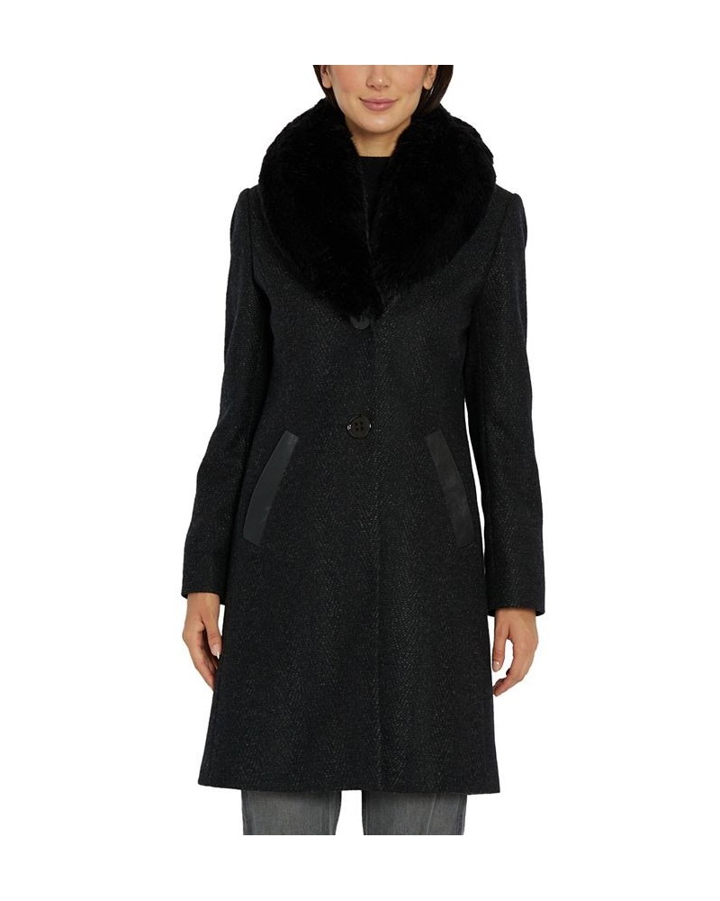 Women's Single-Breasted Faux-Fur-Collar Coat Black $117.80 Coats