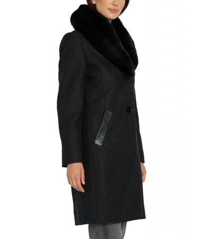 Women's Single-Breasted Faux-Fur-Collar Coat Black $117.80 Coats