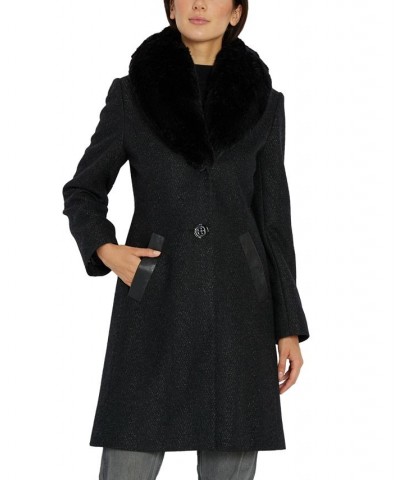 Women's Single-Breasted Faux-Fur-Collar Coat Black $117.80 Coats