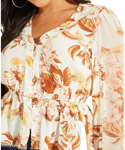 Women's Hera Printed Balloon-Sleeve V-Neck Top Multi $21.78 Tops