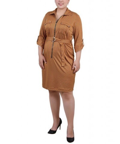 Plus Size Belted Roll Tab Zip Front Shirtdress Golden-Tone Black Lil Elle $15.94 Dresses