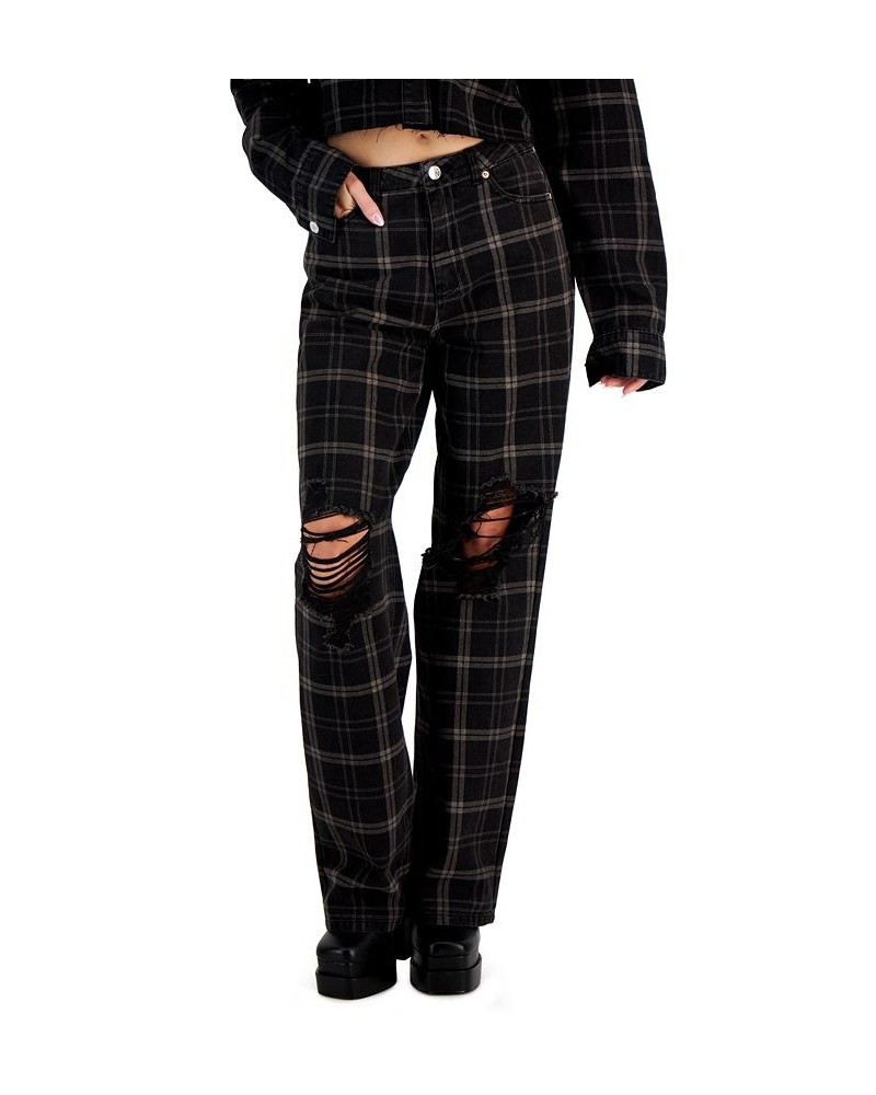 Juniors' Distressed High-Rise Plaid-Print Dad Jeans Black Flan $15.40 Jeans