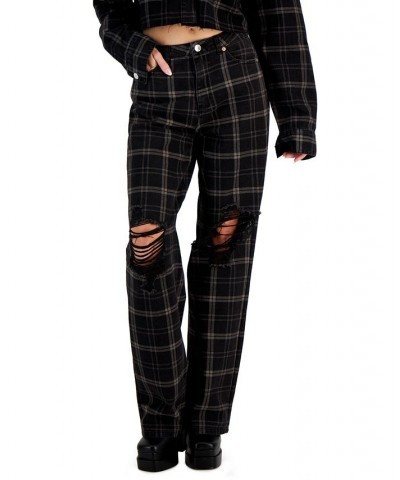 Juniors' Distressed High-Rise Plaid-Print Dad Jeans Black Flan $15.40 Jeans