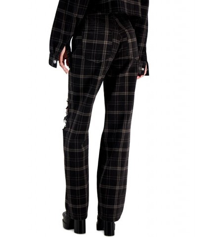 Juniors' Distressed High-Rise Plaid-Print Dad Jeans Black Flan $15.40 Jeans