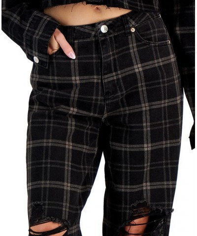 Juniors' Distressed High-Rise Plaid-Print Dad Jeans Black Flan $15.40 Jeans