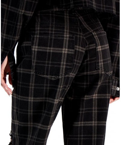 Juniors' Distressed High-Rise Plaid-Print Dad Jeans Black Flan $15.40 Jeans