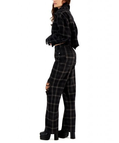 Juniors' Distressed High-Rise Plaid-Print Dad Jeans Black Flan $15.40 Jeans