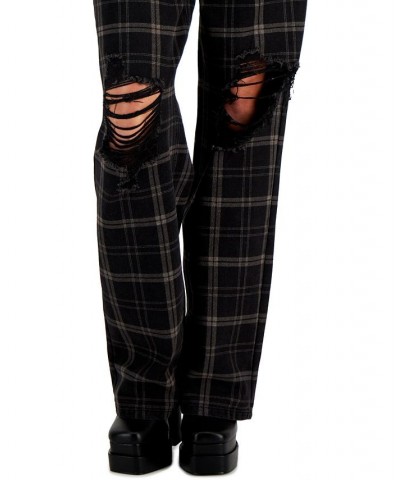 Juniors' Distressed High-Rise Plaid-Print Dad Jeans Black Flan $15.40 Jeans