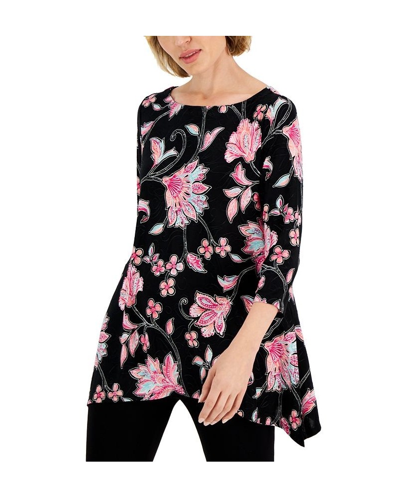 Petite Jacquard 3/4-Sleeve Beauty Flow Swing Top Black $14.24 Tops