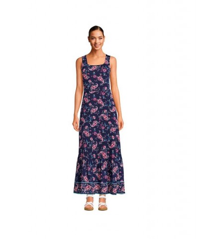 Women's Petite Cotton Modal Square Neck Tiered Maxi Dress Deep sea navy paisley border $38.48 Dresses