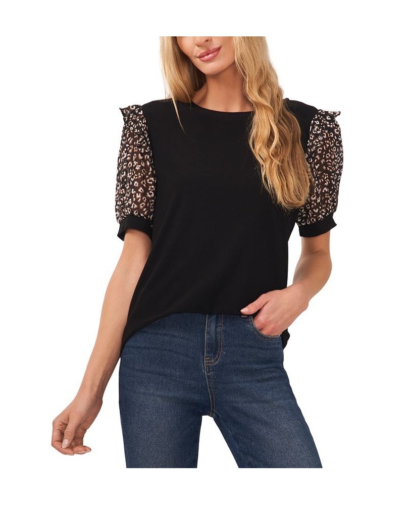 Women's Puff-Sleeve Mixed-Media Short Sleeve Top Mod Black $17.83 Tops