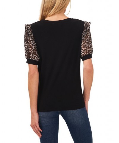 Women's Puff-Sleeve Mixed-Media Short Sleeve Top Mod Black $17.83 Tops