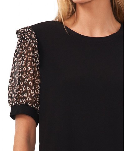 Women's Puff-Sleeve Mixed-Media Short Sleeve Top Mod Black $17.83 Tops