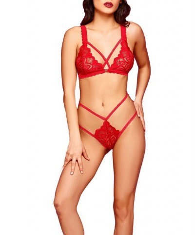 Women's Stella Lace Caged Bra & Skirted Thong 2pc Lingerie Set Red $26.80 Lingerie