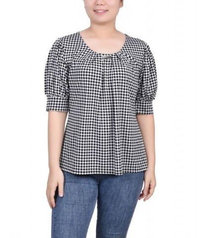 Women's Missy Short Sleeve Balloon Sleeve Top Black White Herringbone $17.36 Tops