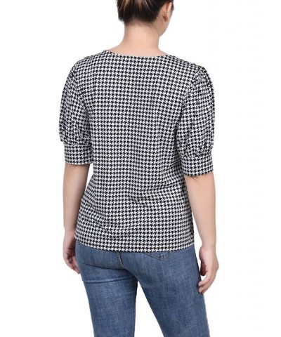 Women's Missy Short Sleeve Balloon Sleeve Top Black White Herringbone $17.36 Tops