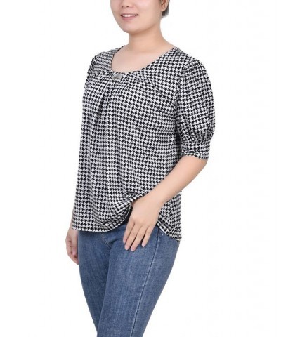 Women's Missy Short Sleeve Balloon Sleeve Top Black White Herringbone $17.36 Tops