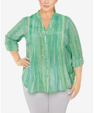 Plus Size Silky Gauze Printed Button Front Top Mint Multi $31.82 Tops