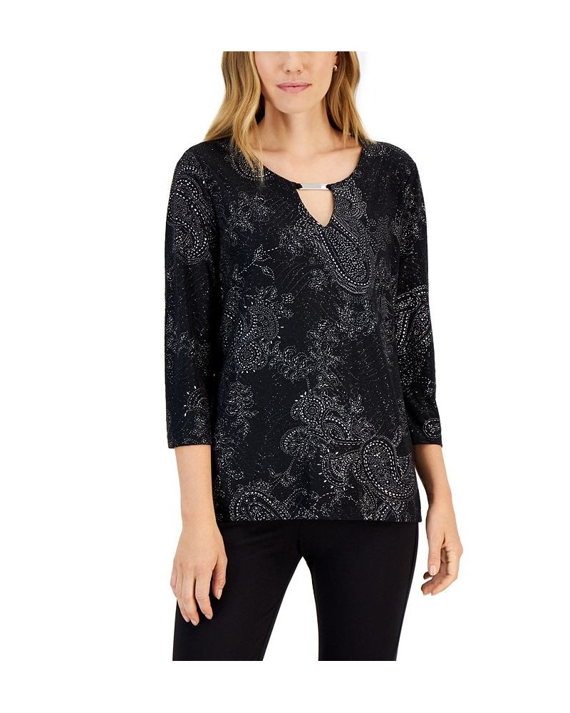 Women's Jacquard Printed 3/4-Sleeve Keyhole Top Deep Black $16.12 Tops