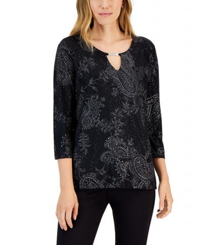 Women's Jacquard Printed 3/4-Sleeve Keyhole Top Deep Black $16.12 Tops