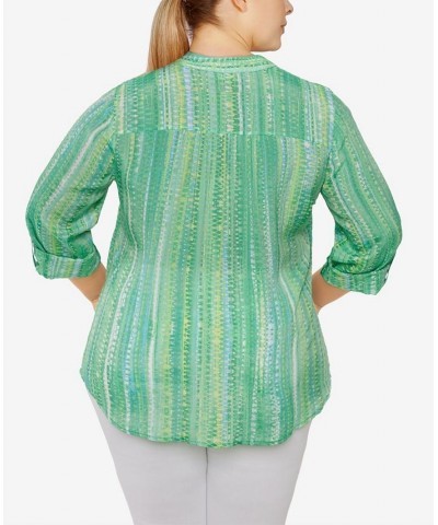 Plus Size Silky Gauze Printed Button Front Top Mint Multi $31.82 Tops