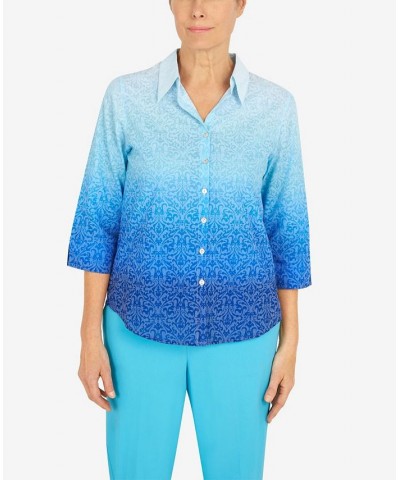 Petite Cool Vibrations Button Down Ombre Medallion Burnout Top Ocean Blue $34.75 Tops