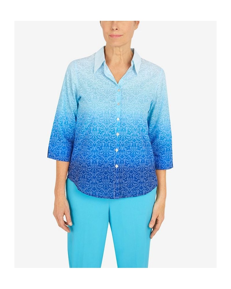 Petite Cool Vibrations Button Down Ombre Medallion Burnout Top Ocean Blue $34.75 Tops