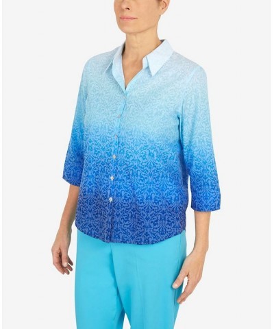 Petite Cool Vibrations Button Down Ombre Medallion Burnout Top Ocean Blue $34.75 Tops