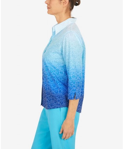 Petite Cool Vibrations Button Down Ombre Medallion Burnout Top Ocean Blue $34.75 Tops