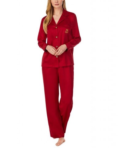 Women's Matte Satin Notched-Collar Pajamas Set Red $39.38 Sleepwear