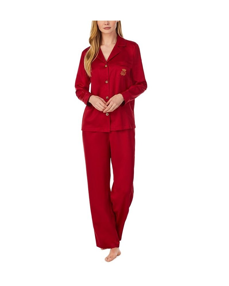 Women's Matte Satin Notched-Collar Pajamas Set Red $39.38 Sleepwear