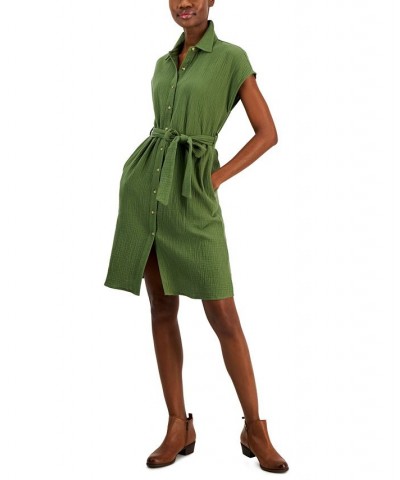 Women's Cotton Crinkle Gauze Shirtdress Green $20.13 Dresses