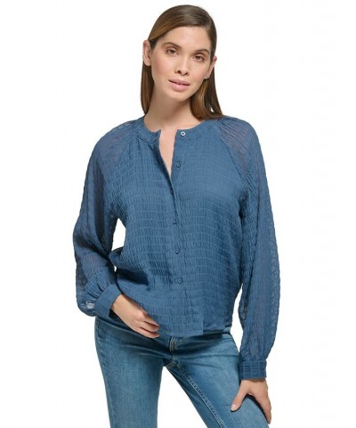 Women's Smocked Band-Collar Blouson-Sleeve Shirt Oceana $28.07 Tops