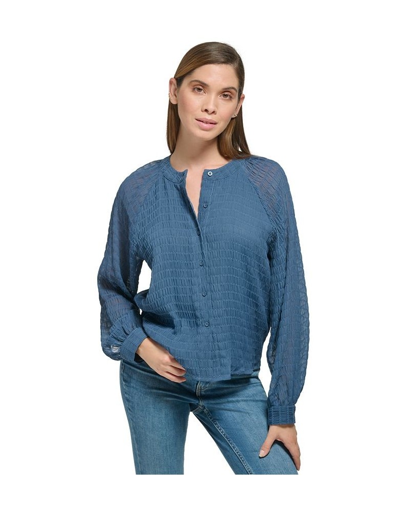 Women's Smocked Band-Collar Blouson-Sleeve Shirt Oceana $28.07 Tops