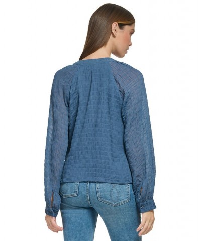 Women's Smocked Band-Collar Blouson-Sleeve Shirt Oceana $28.07 Tops