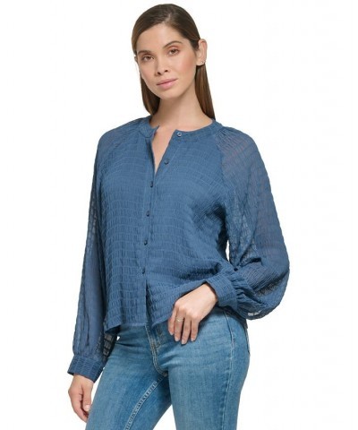 Women's Smocked Band-Collar Blouson-Sleeve Shirt Oceana $28.07 Tops