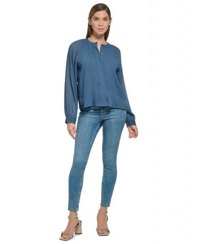 Women's Smocked Band-Collar Blouson-Sleeve Shirt Oceana $28.07 Tops