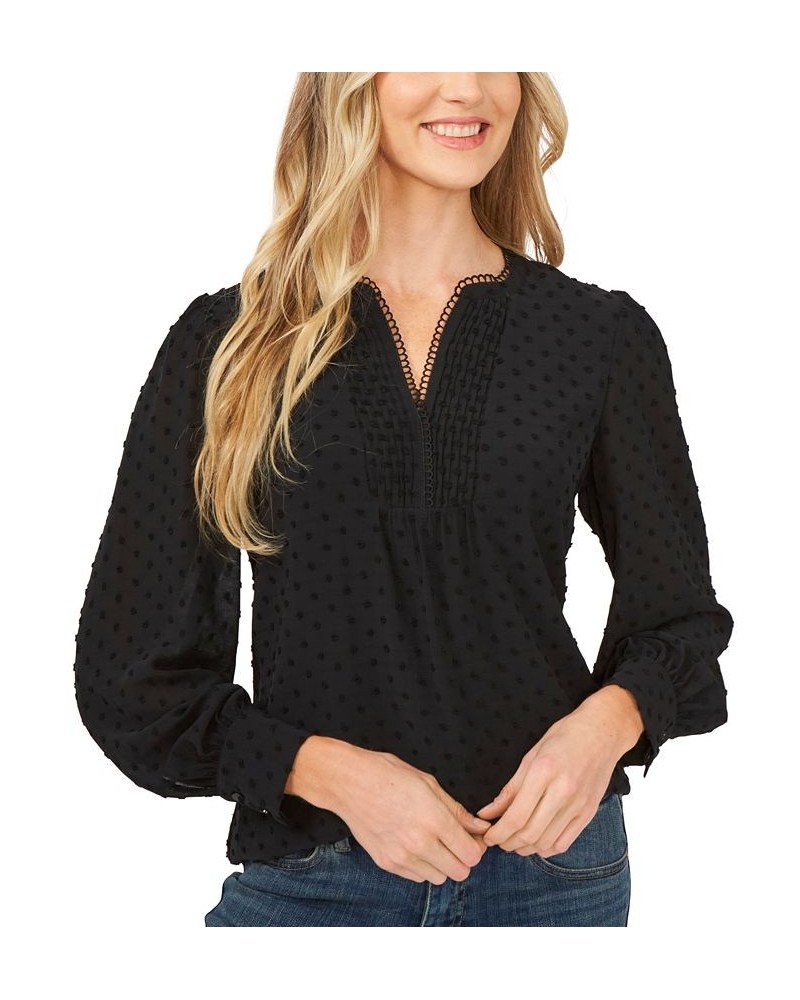 Women's V-Neck Long-Sleeve Clip-Dot Blouse Rich Black $29.39 Tops