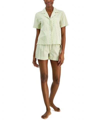 Women's Woven Notched-Collar Short Pajamas Set Green $17.28 Sleepwear