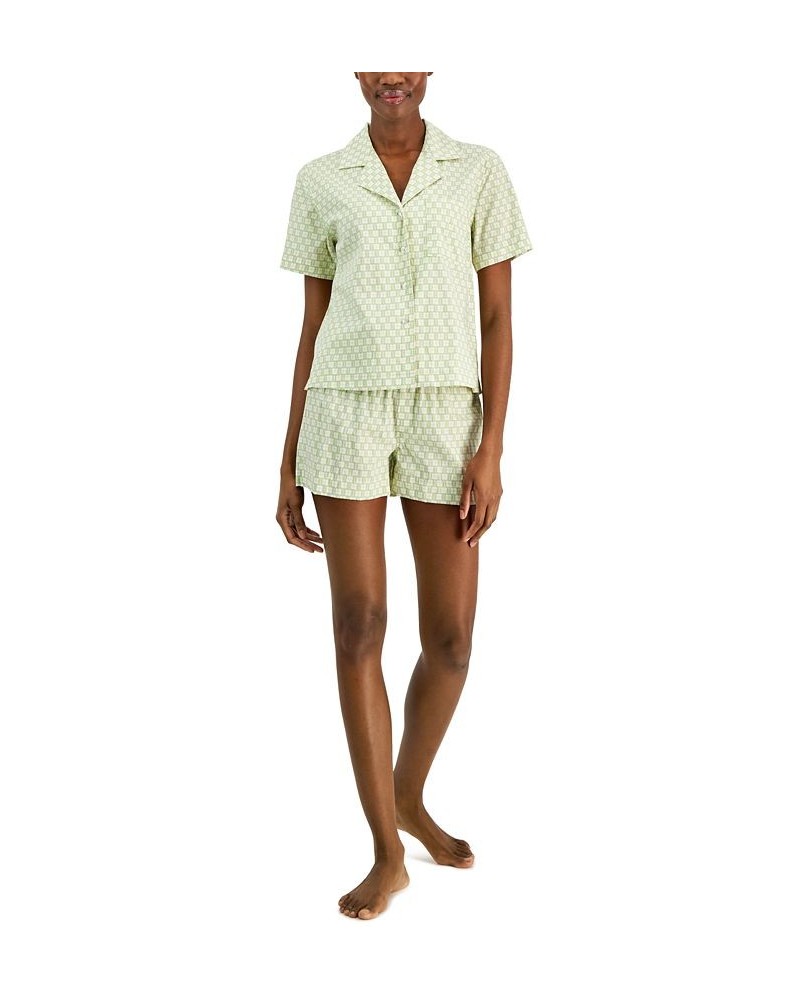 Women's Woven Notched-Collar Short Pajamas Set Green $17.28 Sleepwear