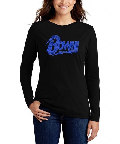 Women's David Bowie Logo Word Art Long Sleeve T-shirt Black-Blue $21.08 Tops