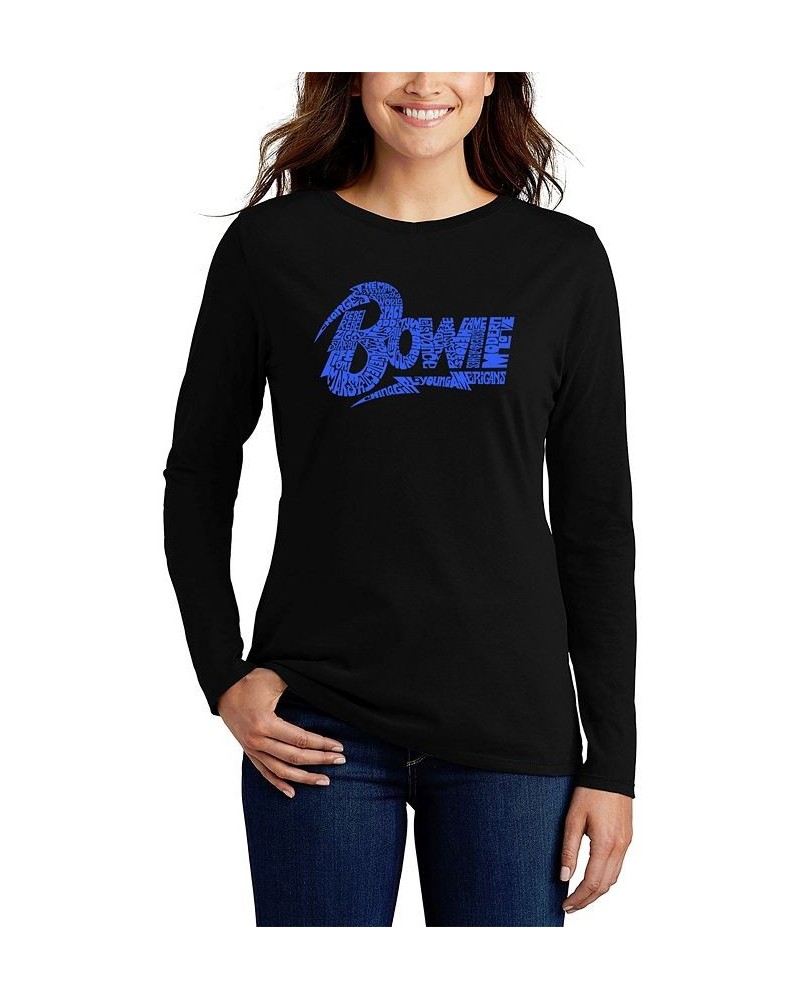 Women's David Bowie Logo Word Art Long Sleeve T-shirt Black-Blue $21.08 Tops