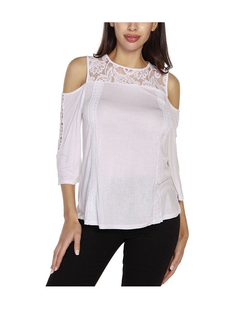 Women's Black Label Ruffle Lace Cold Shoulder Top White $24.50 Tops